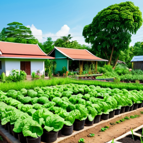 **

*   **Prompt:** Lush green community garden in Thailand, families planting vegetables together, clear blue sky, vibrant colors, sense of community, sustainable living.

**