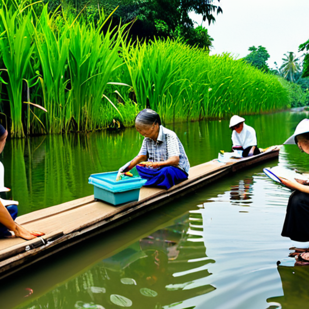 A diverse group of Thai community members, including adults and an elder, fully clothed in modest, comfortable attire, are actively engaged in environmental observation by a serene, clear canal. They are using simple tools like a notebook, a pen, and a basic water quality test kit, gently examining the water and surrounding plants. The setting is a vibrant, natural ecosystem with healthy greenery and clear water, suggesting a flourishing environment. The scene captures a moment of focused learning and dedication to nature. safe for work, appropriate content, family-friendly, professional dress, perfect anatomy, correct proportions, natural pose, well-formed hands, proper finger count, natural body proportions, professional photography, high quality.