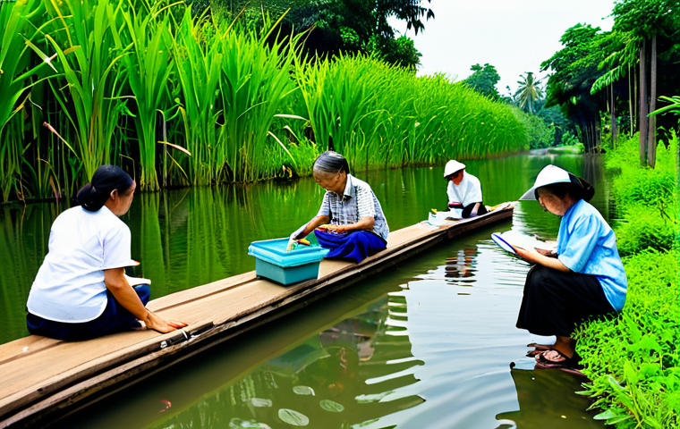 A diverse group of Thai community members, including adults and an elder, fully clothed in modest, comfortable attire, are actively engaged in environmental observation by a serene, clear canal. They are using simple tools like a notebook, a pen, and a basic water quality test kit, gently examining the water and surrounding plants. The setting is a vibrant, natural ecosystem with healthy greenery and clear water, suggesting a flourishing environment. The scene captures a moment of focused learning and dedication to nature. safe for work, appropriate content, family-friendly, professional dress, perfect anatomy, correct proportions, natural pose, well-formed hands, proper finger count, natural body proportions, professional photography, high quality.