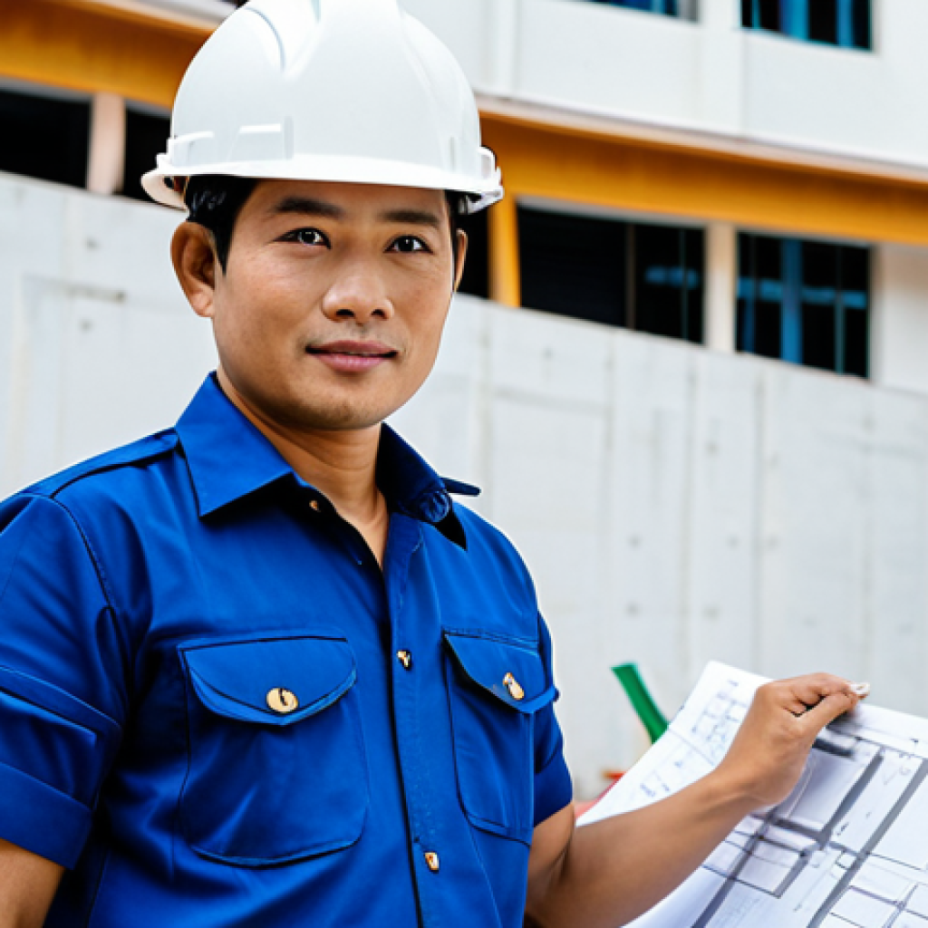 A Professional Thai Architect**

A professional Thai architect, fully clothed in a modest, stylish outfit suitable for fieldwork, standing in front of a modern building design blueprint at a construction site in Bangkok, Thailand. Appropriate attire, safe for work, family-friendly. Perfect anatomy, correct proportions, natural pose, well-formed hands, proper finger count, natural body proportions, high quality, professional photography.

**