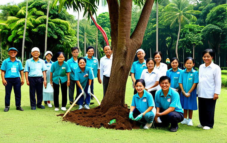 **Community Tree Planting Event:** "A group of people of various ages, fully clothed in appropriate attire, planting trees in a park in Thailand, focus on smiling faces and teamwork, bright sunny day, safe for work, appropriate content, professional, perfect anatomy, natural proportions, family-friendly."