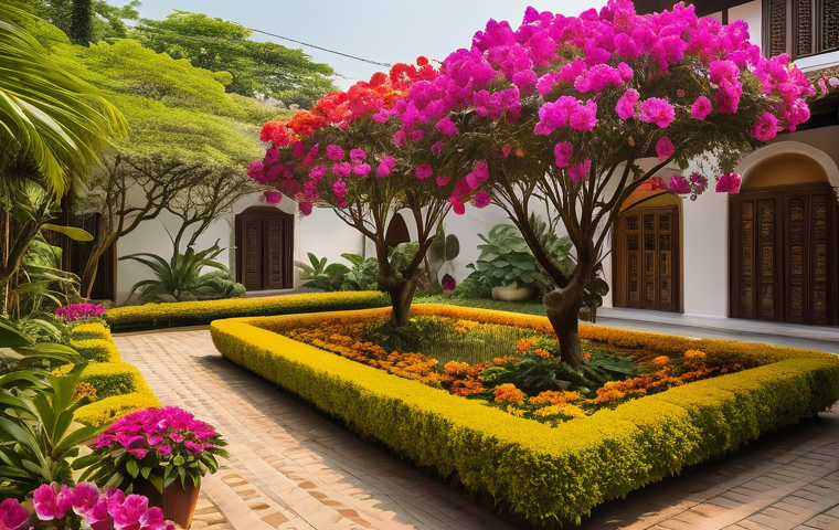 자연 관찰을 통한 생태계 변화 이해하기 - **"A vibrant and lush Thai home garden, bathed in warm, golden sunlight. Numerous colorful tropical ...