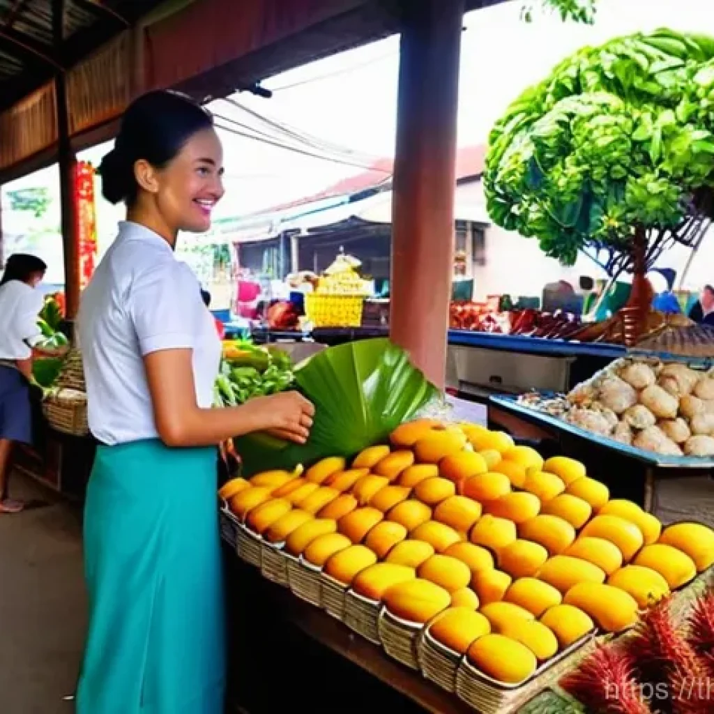 지역 생태계와의 상호작용 이해하기 - **Vibrant Thai Morning Market Scene**
    A bustling, vibrant Thai morning market in full swing. A f...