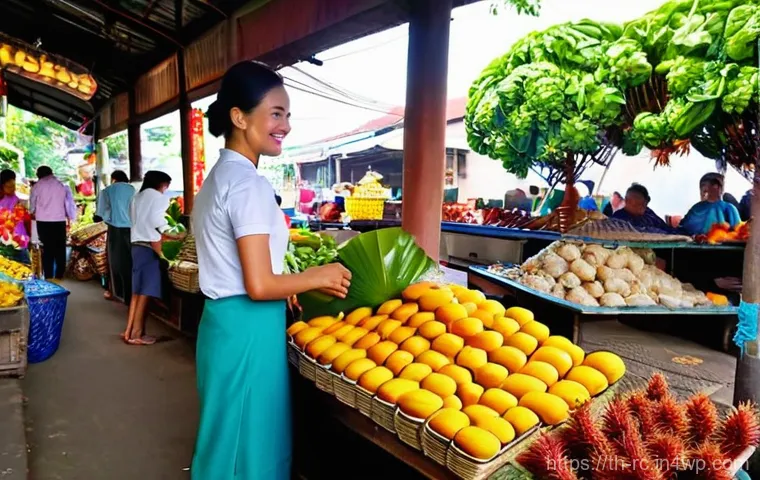 지역 생태계와의 상호작용 이해하기 - **Vibrant Thai Morning Market Scene**
    A bustling, vibrant Thai morning market in full swing. A f...