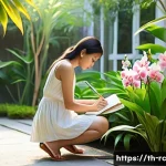 생태계 변화 관찰을 위한 가이드라인 - **Prompt:** A serene, sun-drenched Thai backyard garden. A young woman, dressed in a modest, light-c...