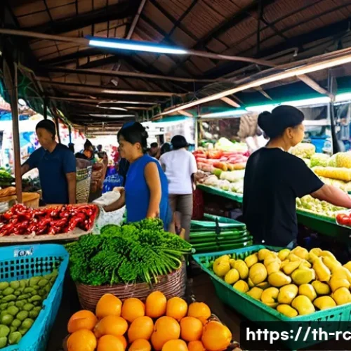 모니터링 결과를 활용한 지역 경제 활성화 전략 - A vibrant local market scene in a Thai community during the morning rush hour, featuring diverse ven...