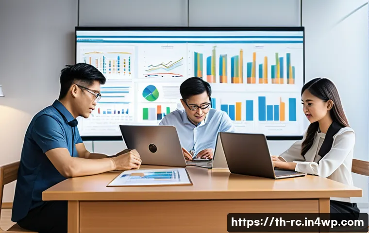 정확한 데이터 수집을 위한 팁 - A professional office scene showing a diverse team of Thai data analysts collaborating around a larg...