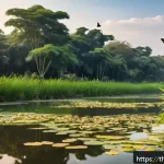 지역 생태계 모니터링 워크숍 정보 - A detailed scene of a local Thai ecosystem near a residential area during early morning light, featu...