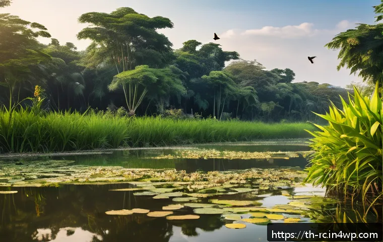 지역 생태계 모니터링 워크숍 정보 - A detailed scene of a local Thai ecosystem near a residential area during early morning light, featu...