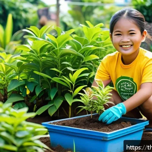 Home 31 생태계 모니터링을 위한 연령대별 참여 방법 - A young Thai child wearing a colorful t-shirt and shorts, happily planting a small tree sapling in a...