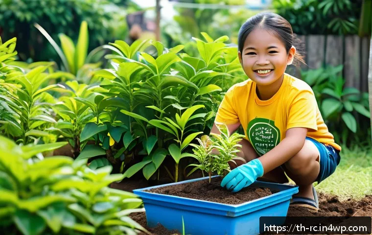 생태계 모니터링을 위한 연령대별 참여 방법 - A young Thai child wearing a colorful t-shirt and shorts, happily planting a small tree sapling in a...