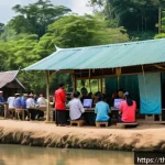 Home 18 생태계 모니터링을 위한 지역 네트워크 구축 - A vibrant community gathering in a rural Thai village, with diverse local people including elders an...