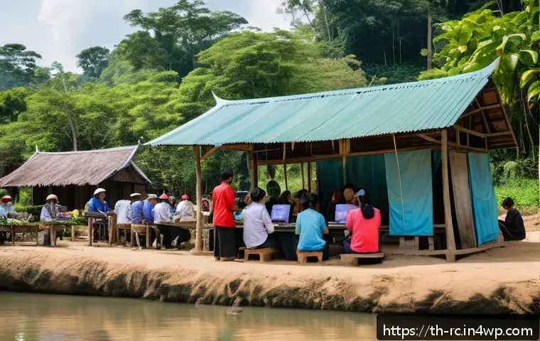 생태계 모니터링을 위한 지역 네트워크 구축 - A vibrant community gathering in a rural Thai village, with diverse local people including elders an...