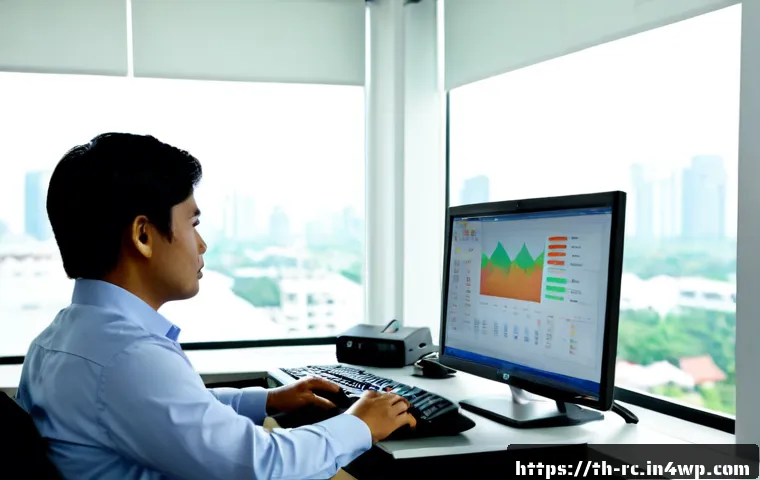 Home 29 모니터링 데이터 수집을 위한 도구 소개 - Photorealistic Thai IT professional monitoring data collection on a clean dual-screen workstation in...