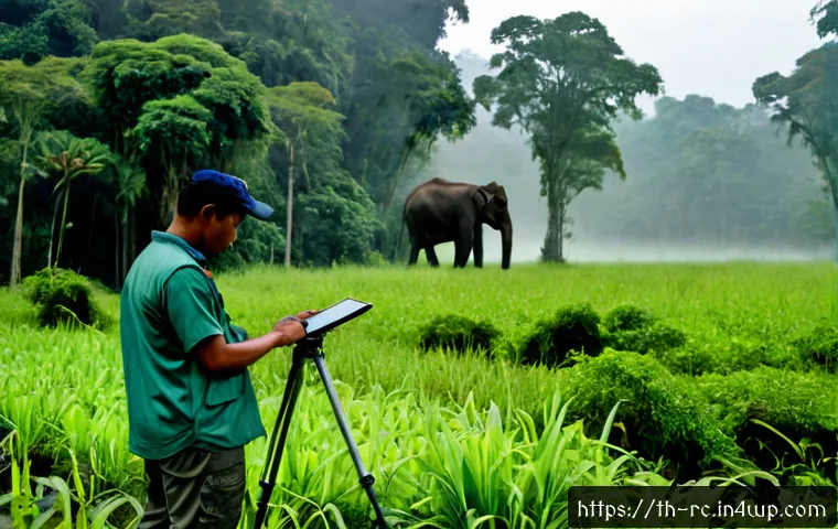 Home 17 기술을 활용한 생태계 모니터링 전략 - Photorealistic conservation scientist in lightweight field clothing using a tablet beside a solar-po...